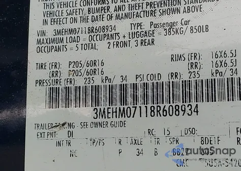 2008 Mercury Milan V6 z USA, uszkodzony, nr VIN 3MEHM07118R608934